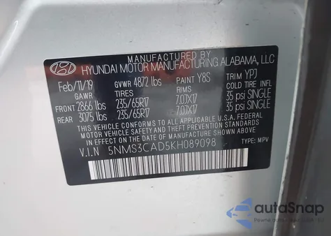 2019 Hyundai Santa Fe Sel из США, поврежденный, VIN 5NMS3CAD5KH089098